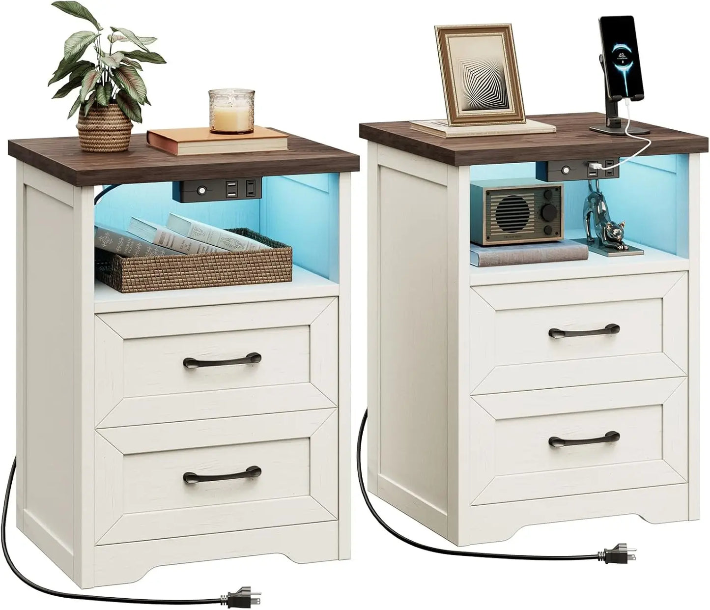 Farmhouse Nightstands Set Of 2 With LED Lighting And Charging - Home and Haven Store