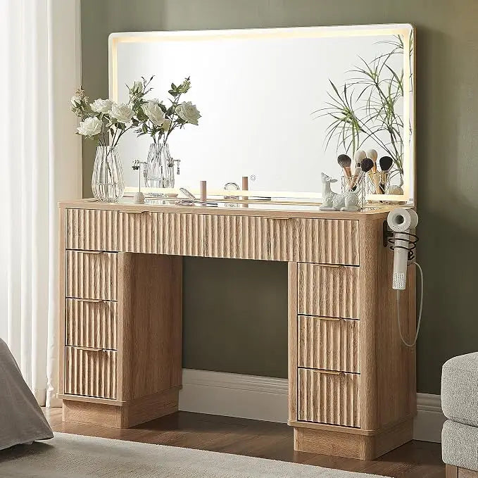 Guangbai Fluted Vanity Desk With LED Mirror And Eight Drawers
