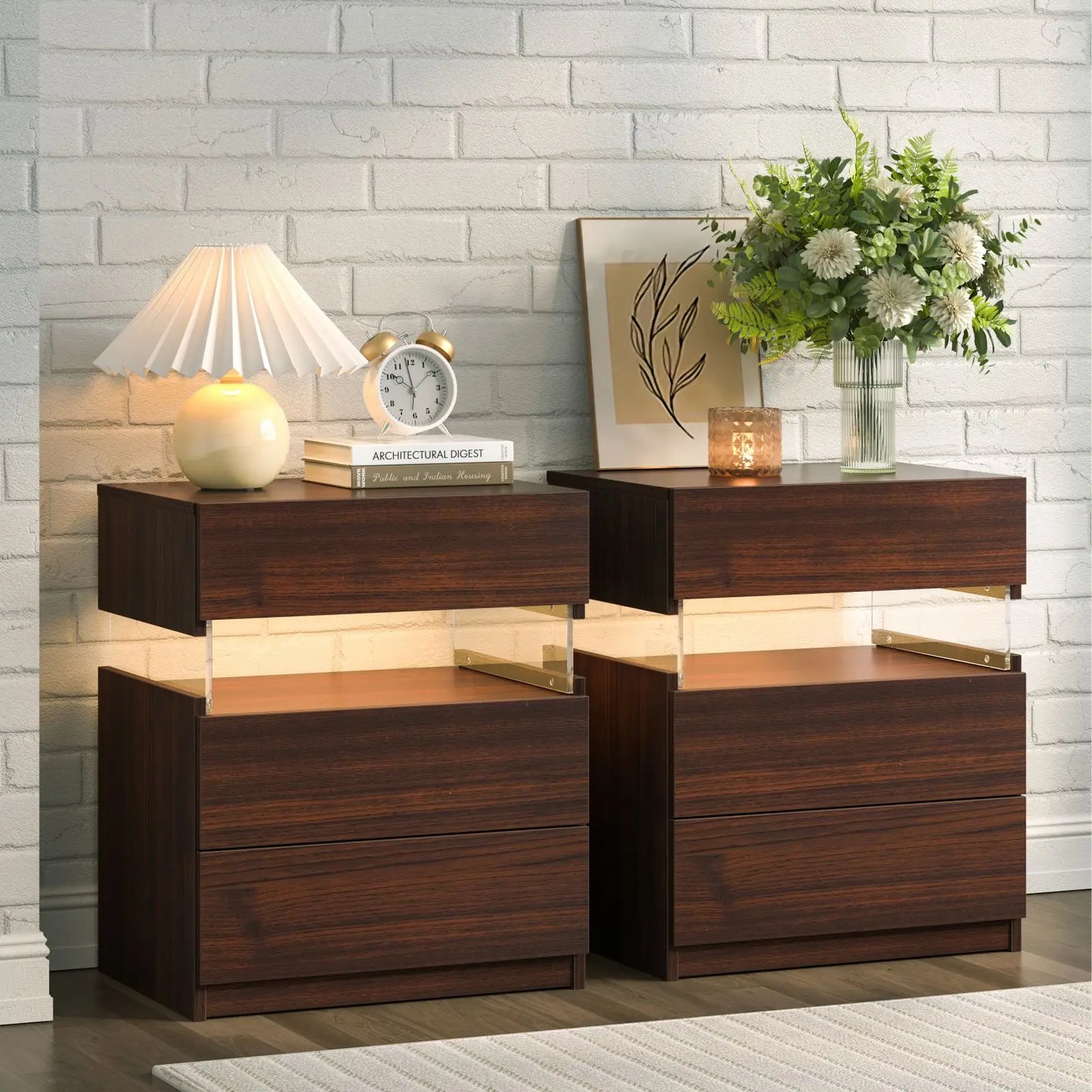 Cubehom Bedside Tables 2 Pack With LED Lighting 3 Drawers