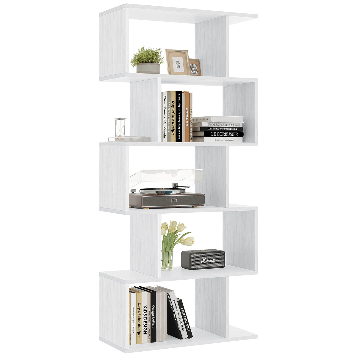 JHK 5-Tier S-Shaped Geometric Wooden Bookcase Display Shelf