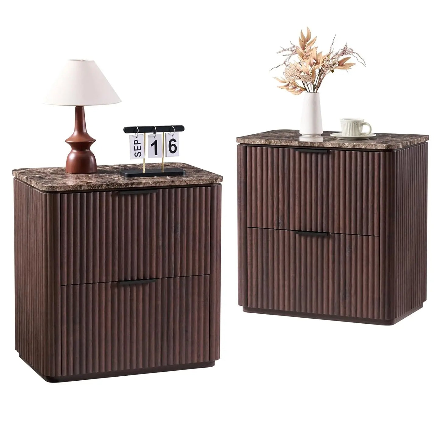 Fluted Nightstand Set Of 2 With 2 Drawers Engineered Wood