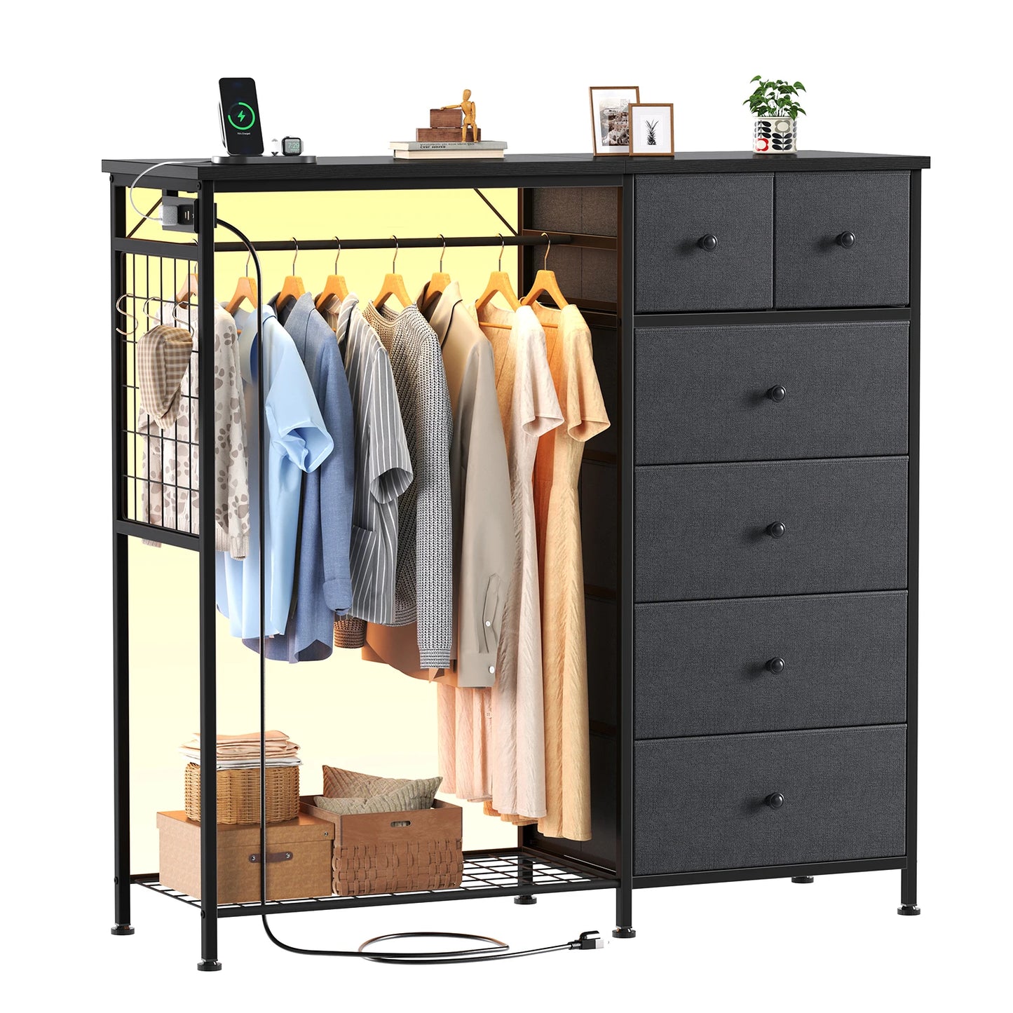 JHK Six-Drawer Fabric Dresser With Hanging Rack LED