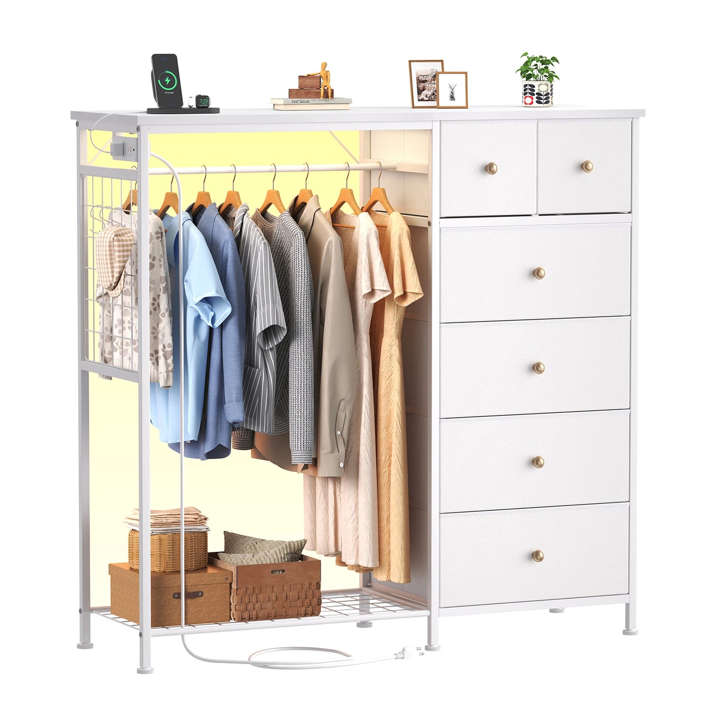 JHK 6 Drawer Dresser With Hanging Rack And Charging Station