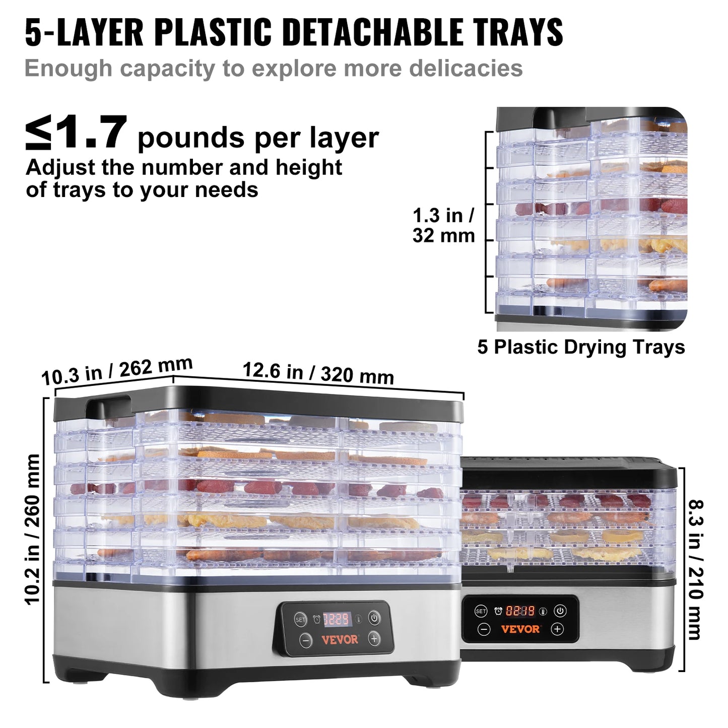 Vevor 5 Tray Food Dehydrator 300W Stainless Steel Digital Timer - Home and Haven Store