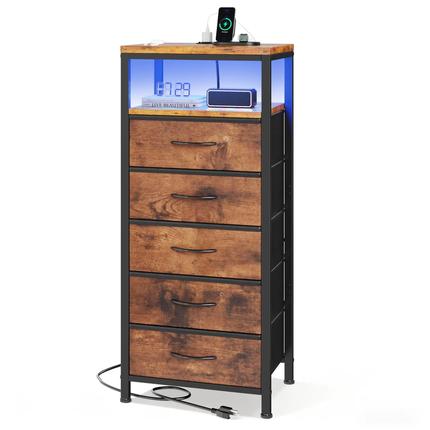 JHK 5-Drawer Nightstand Dresser With Charging Station And Lights