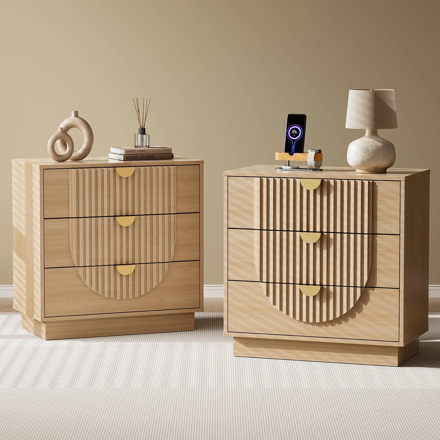 Symmetrical Arc 3-Drawer Nightstand With Charging Station - Home and Haven Store