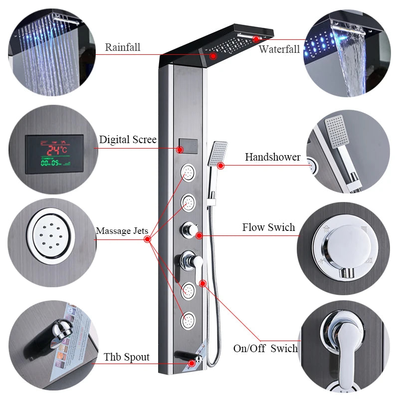 Shinessia Luxury Led Shower Panel With Dual Control Massage Jets