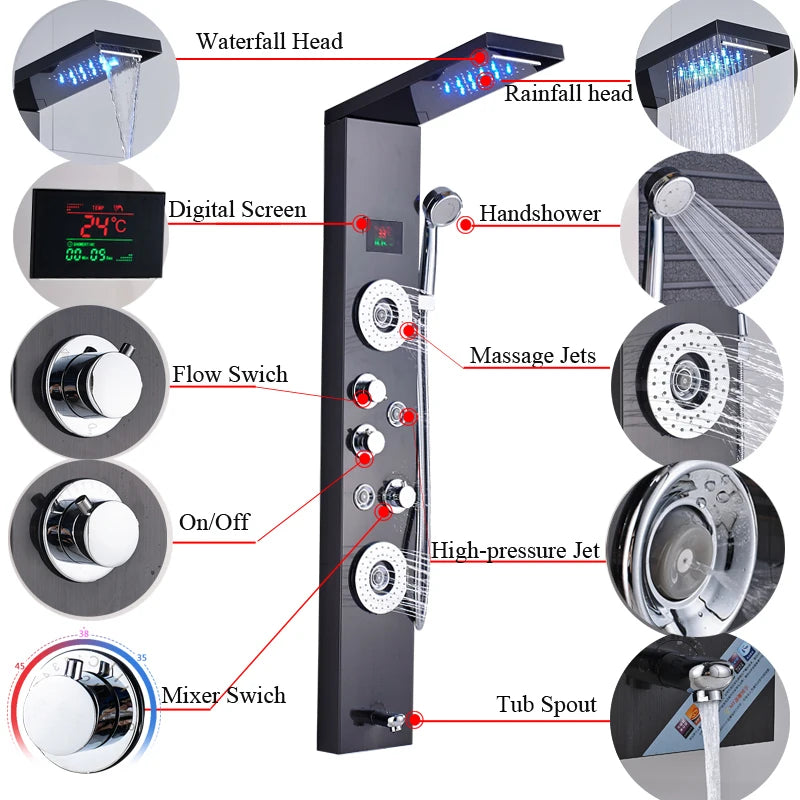 Uythner Led Shower Panel Column With Temperature Display Hand Shower