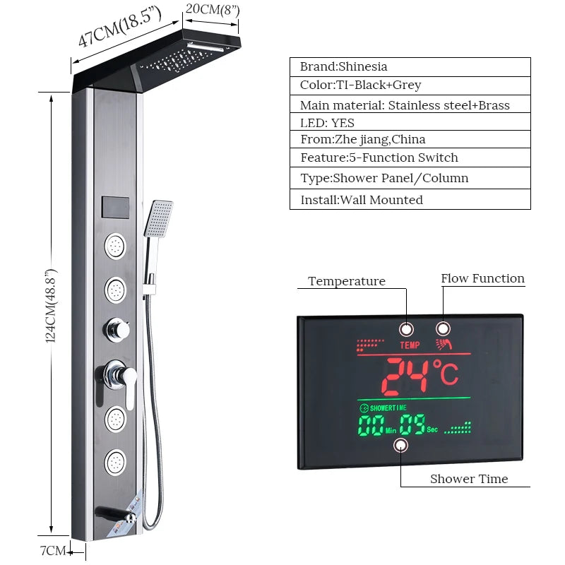 Shinessia Luxury Led Shower Panel With Dual Control Massage Jets