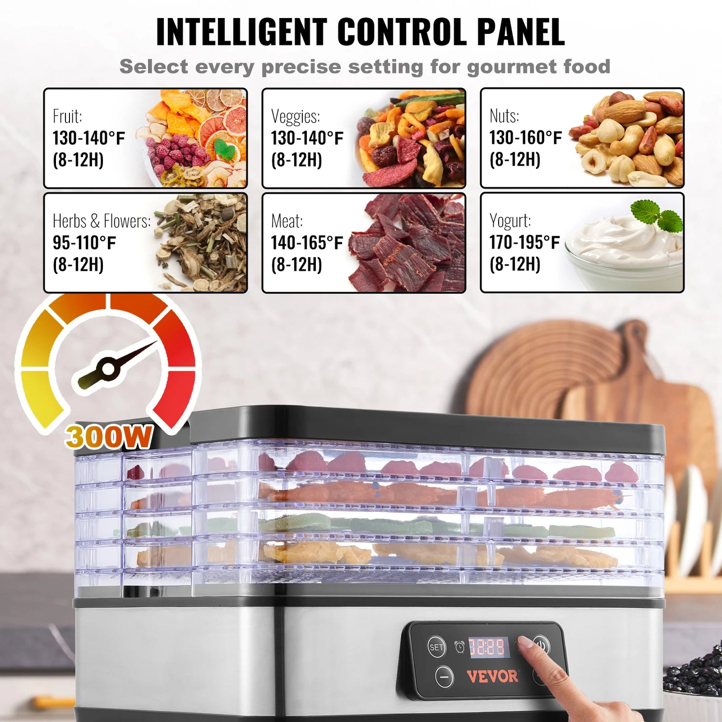Vevor 5 Tray Food Dehydrator 300W Stainless Steel Digital Timer - Home and Haven Store
