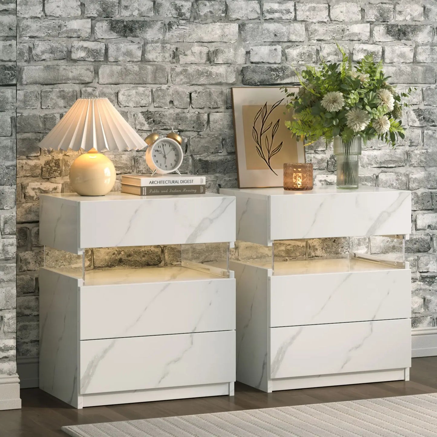 Cubehom Bedside Tables 2 Pack With LED Lighting 3 Drawers