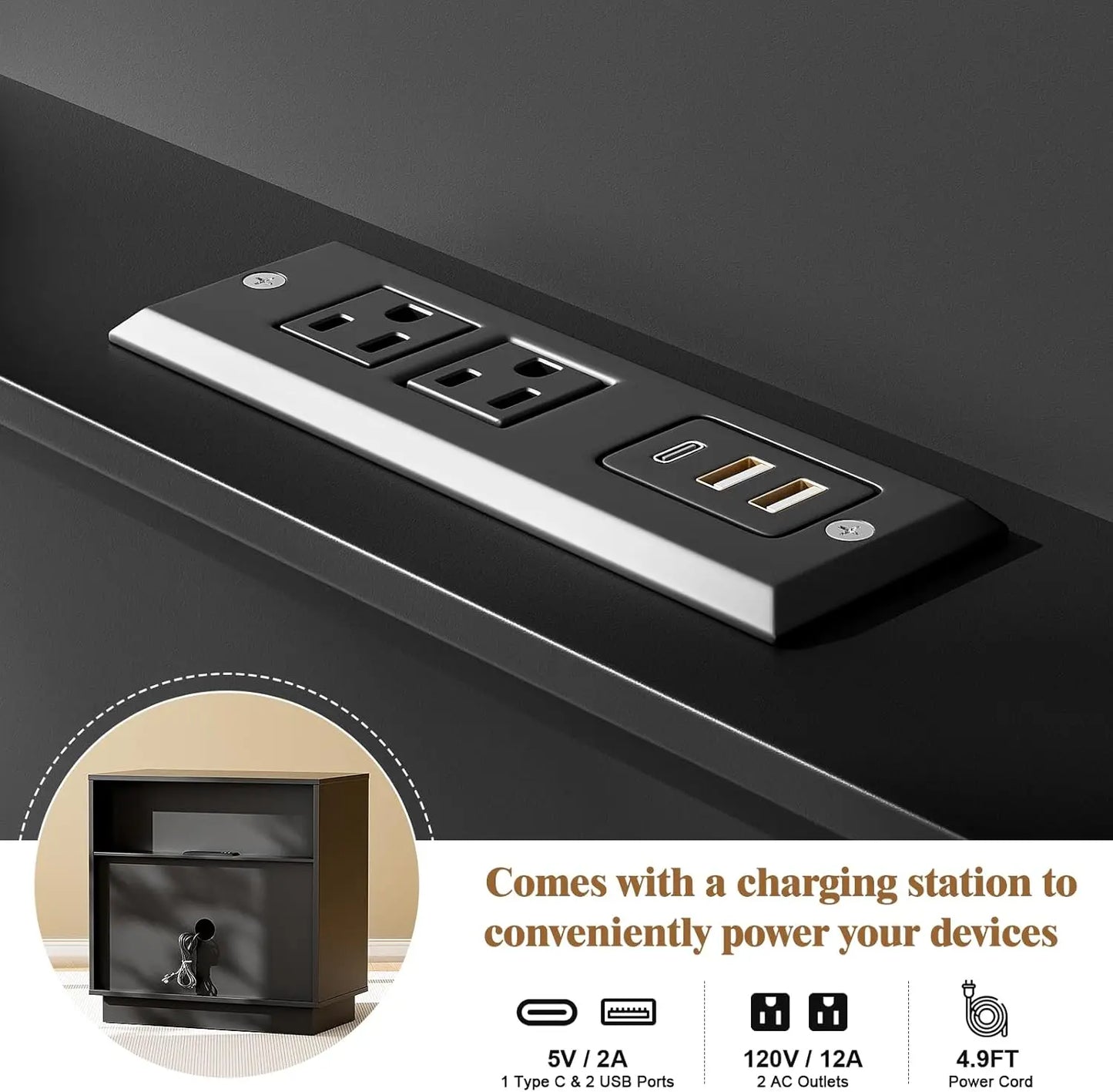 Symmetrical Arc 3-Drawer Nightstand With Charging Station - Home and Haven Store