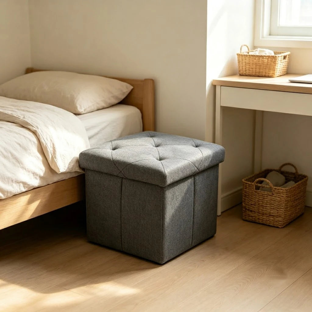 Tufted Fabric Storage Ottoman Bench With Wooden Frame Base