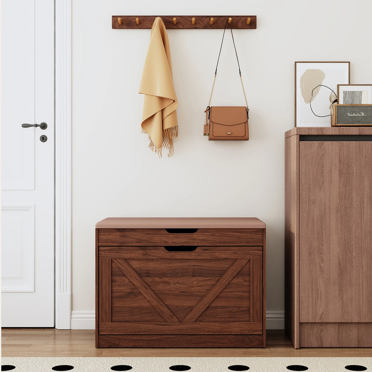 Huisenitre Wooden Storage Bench With Flip Drawers And Adjustable Shelf