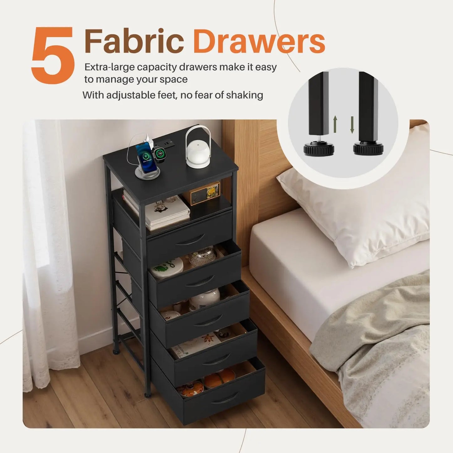 JHK 5-Drawer Nightstand Dresser With Charging Station And Lights