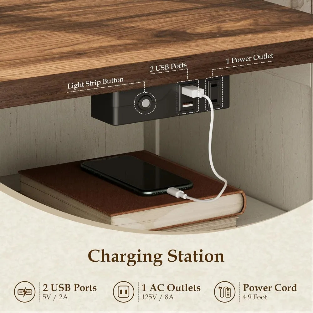 Farmhouse Nightstands Set Of 2 With LED Lighting And Charging - Home and Haven Store