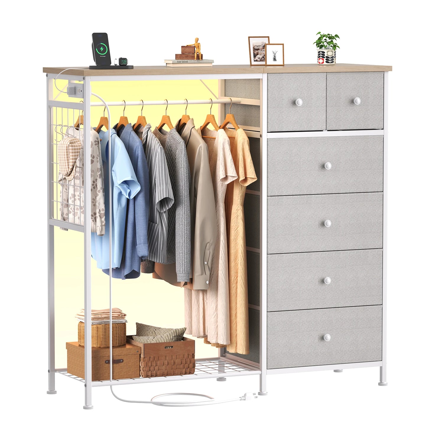JHK 6 Drawer Dresser With Hanging Rack And Charging Station