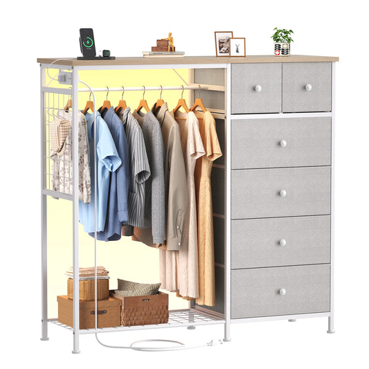 JHK 6 Drawer Dresser With Hanging Rack And Charging Station