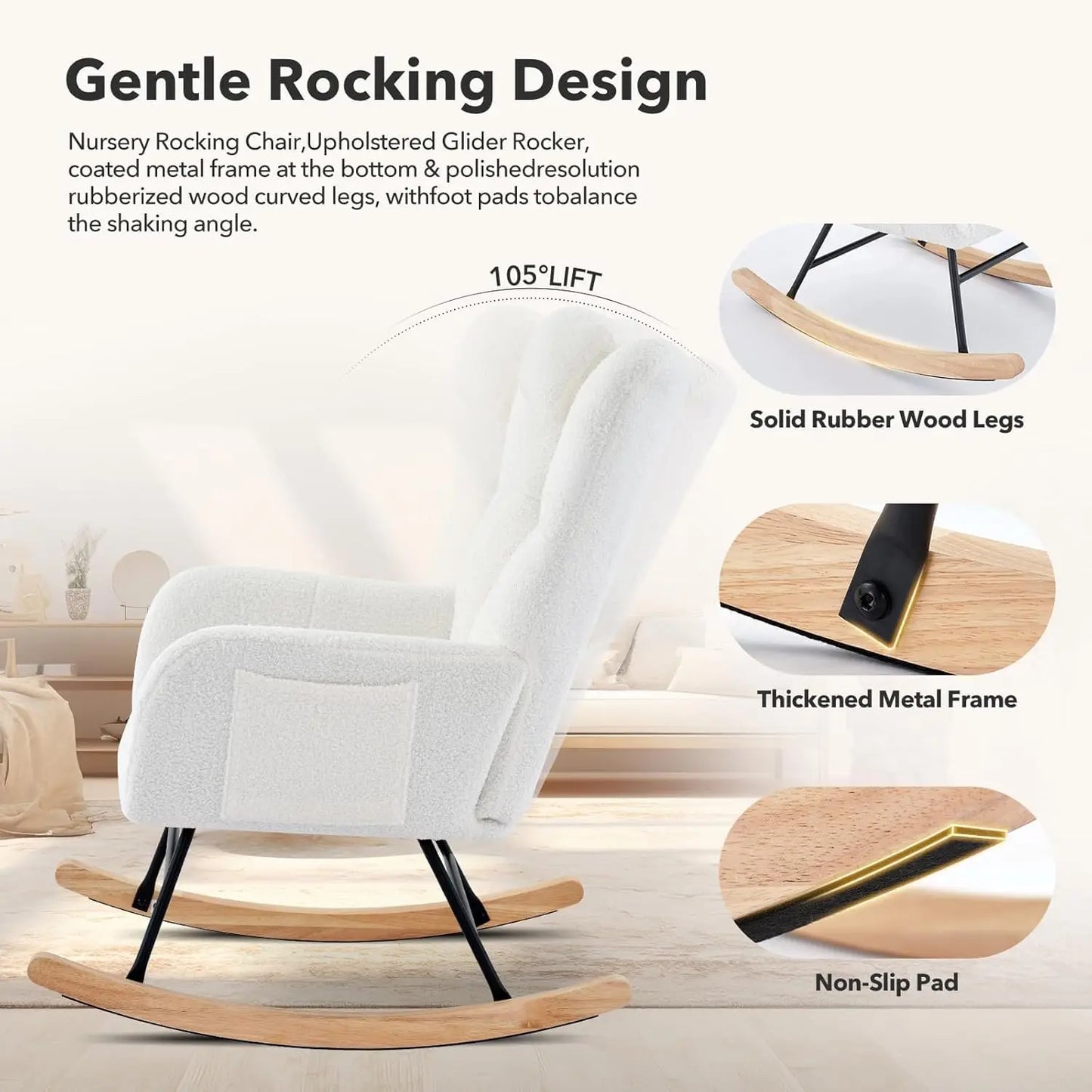 Studyset Modern Upholstered Nursery Rocking Chair With Side Pocket High Back - Home and Haven Store