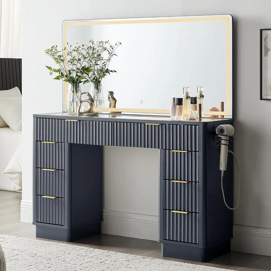 Guangbai Fluted Vanity Desk With LED Mirror And Eight Drawers
