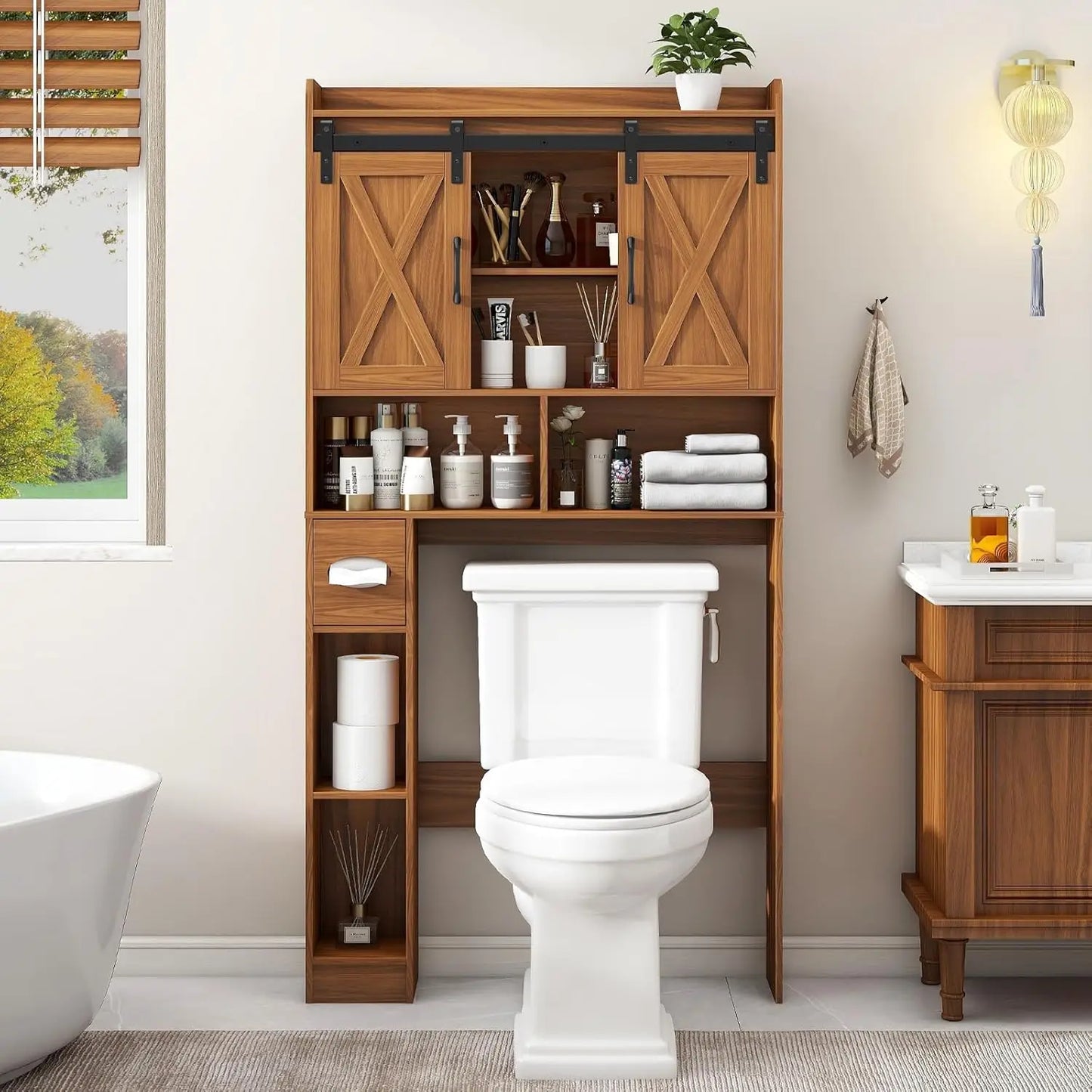 Over The Toilet Farmhouse Storage Cabinet With Sliding Doors - Home and Haven Store