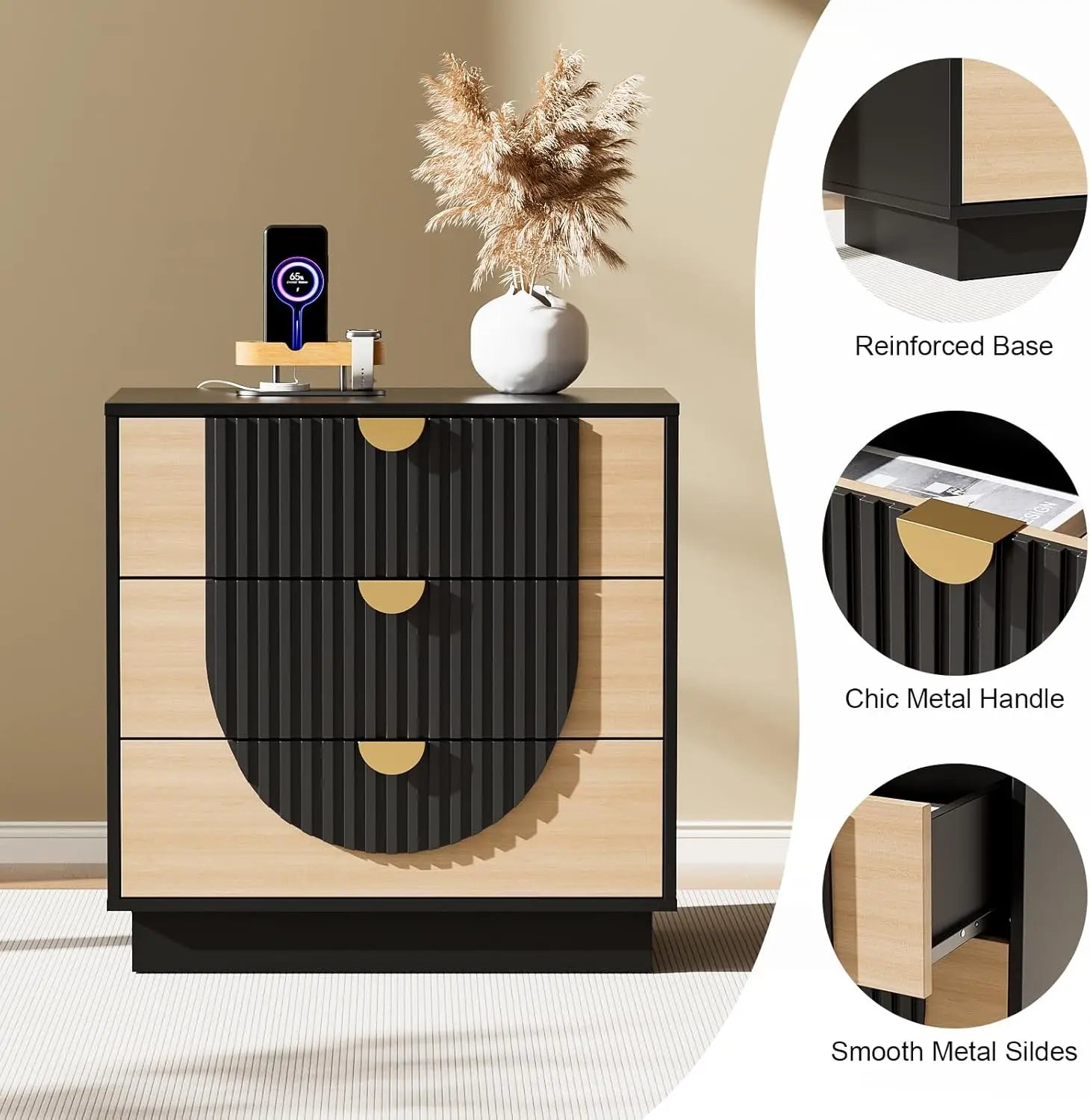 Symmetrical Arc 3-Drawer Nightstand With Charging Station - Home and Haven Store