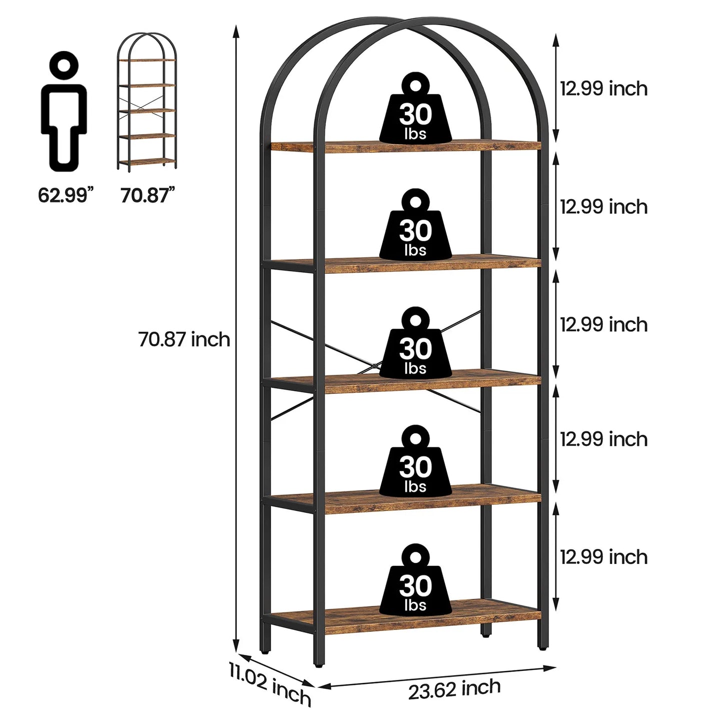 TWISTER.CK 5-Tier Arched Bookshelf Industrial Metal Wood - Home and Haven Store