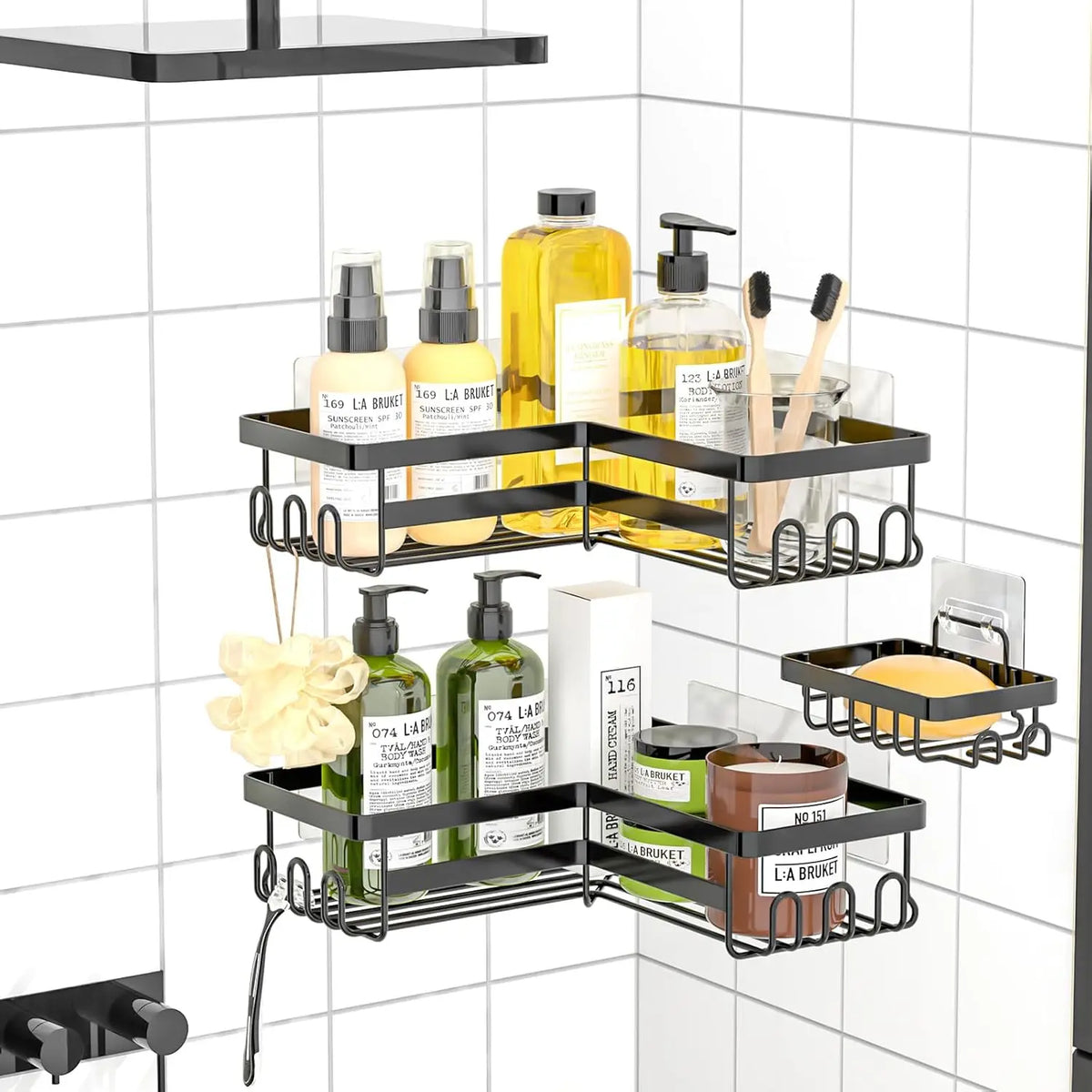 Corner Shower Caddy Bathroom Organizer Storage Rack With Adhesive Hooks