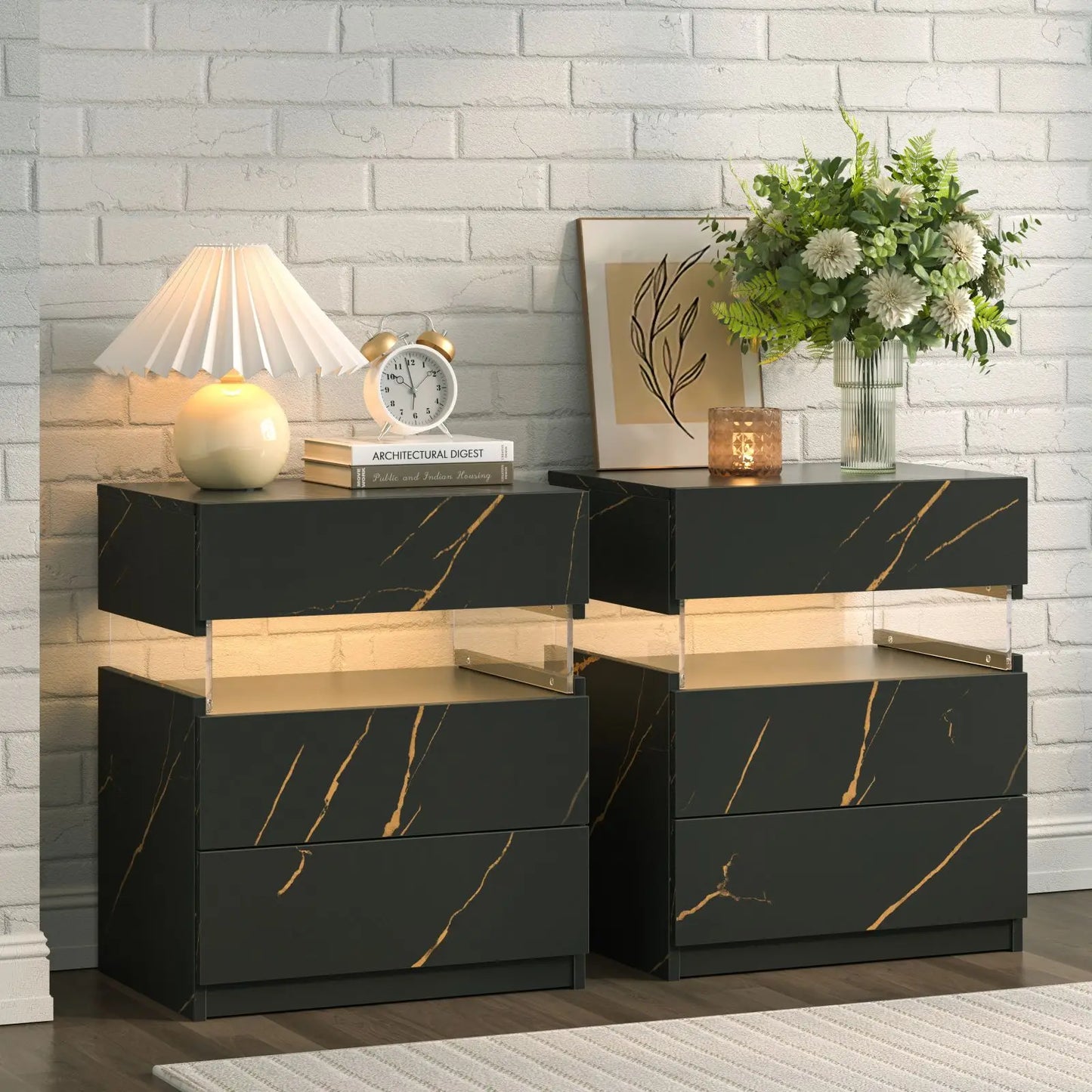 Cubehom Bedside Tables 2 Pack With LED Lighting 3 Drawers