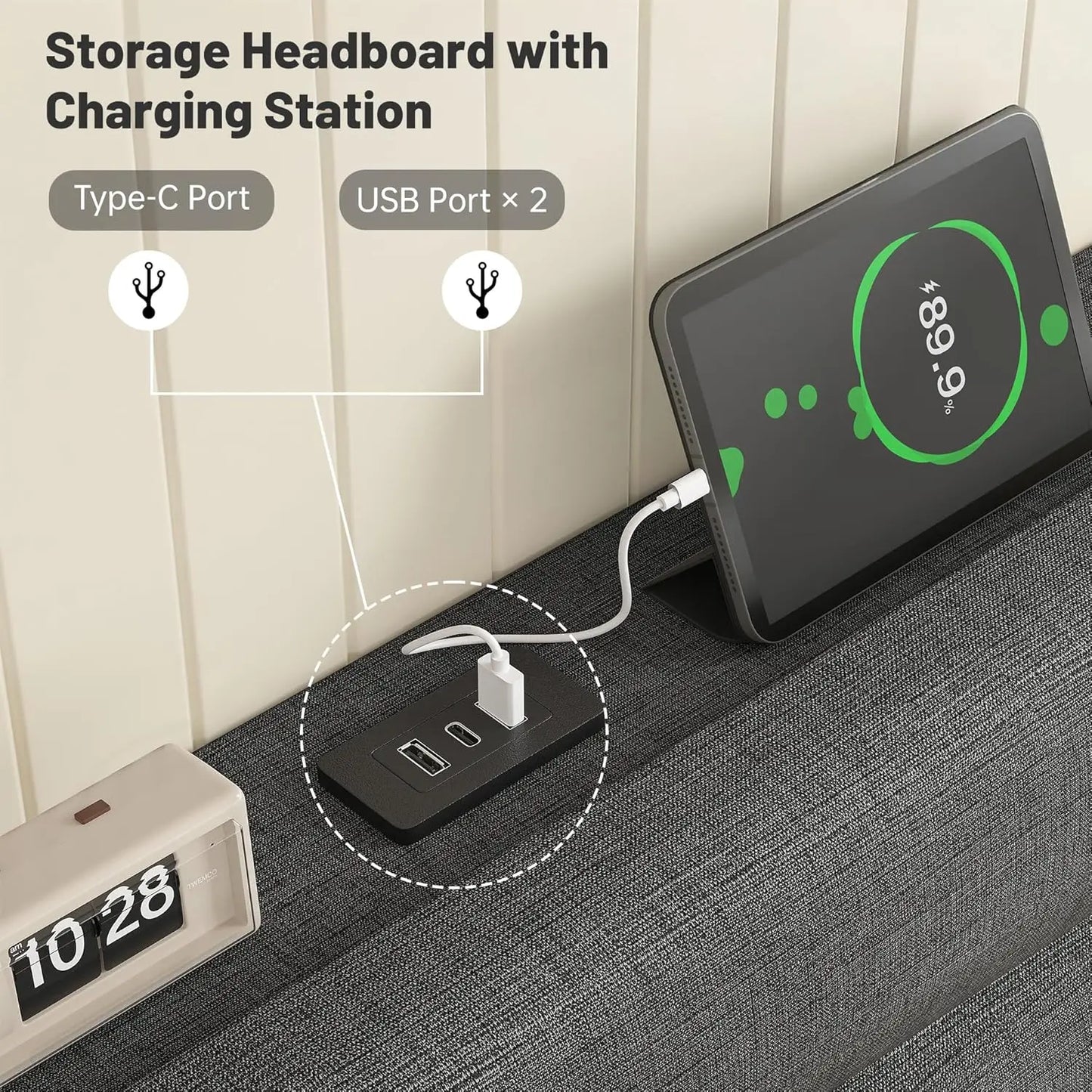 King Bed Frame Platform With Built In USB Charging Stations