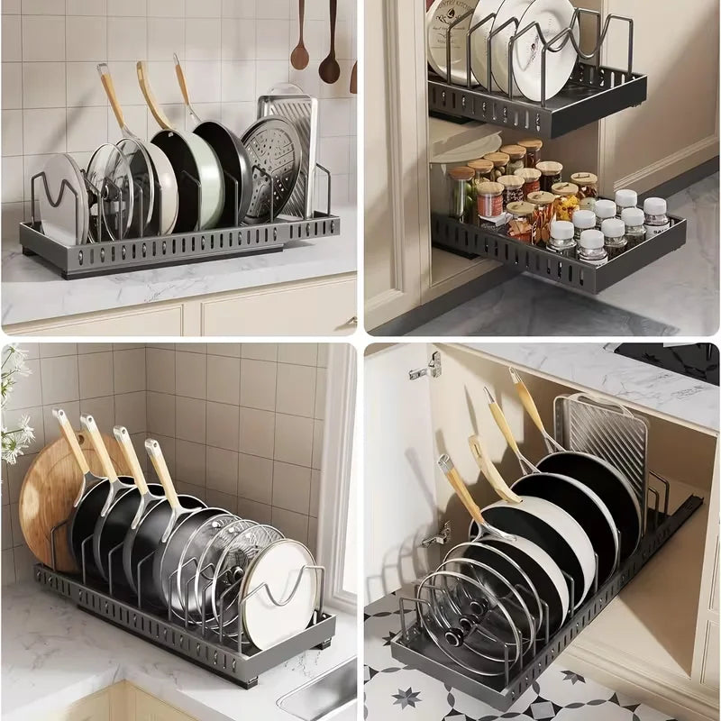 Adjustable Pull Out Kitchen Cabinet Pan Lid Sliding Storage Rack