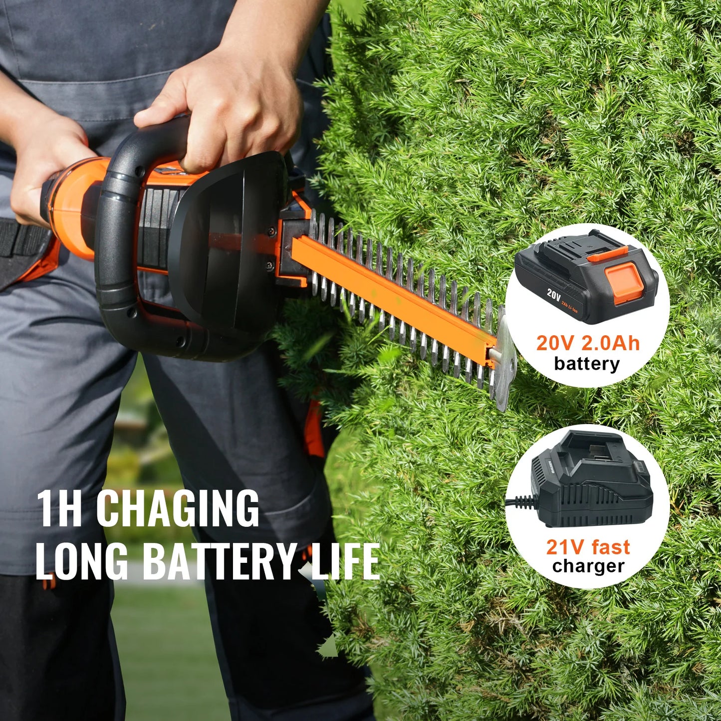 SucceBuy 20V Cordless Hedge Trimmer With Double-Edged Steel Blade