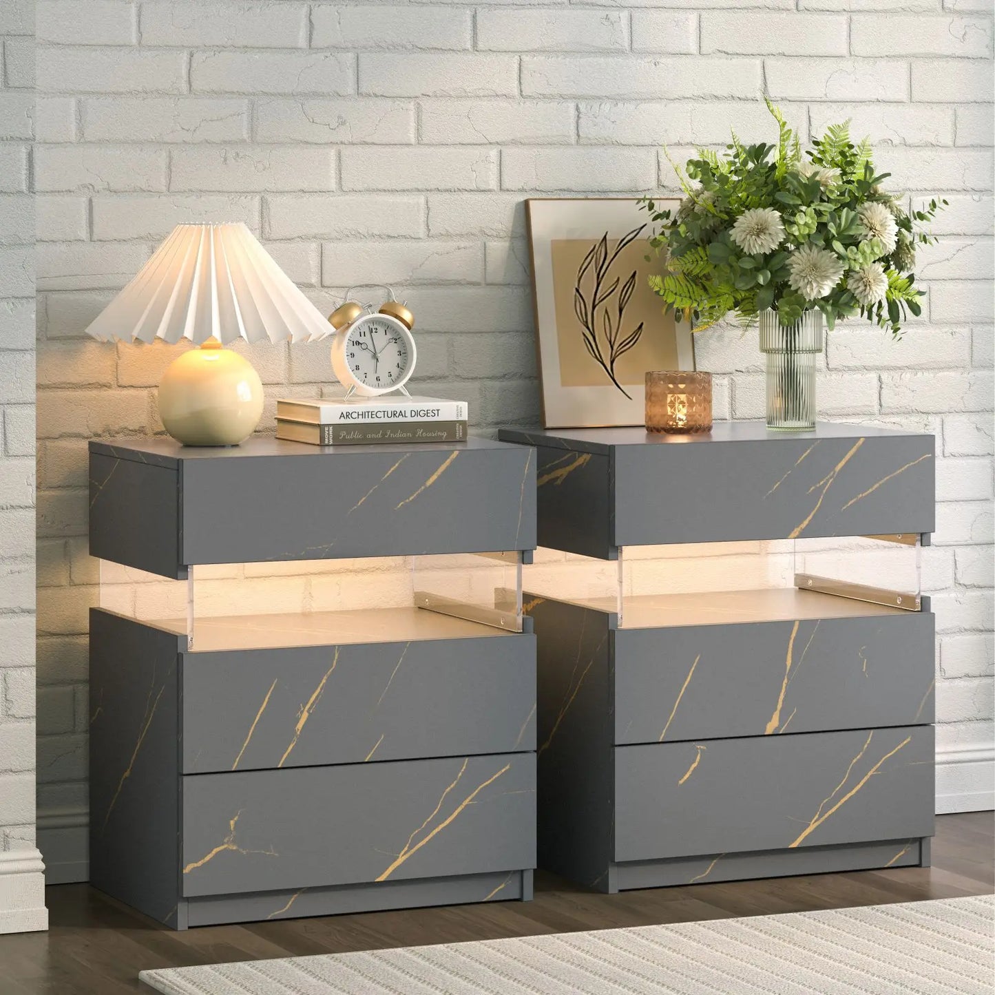 Cubehom Bedside Tables 2 Pack With LED Lighting 3 Drawers