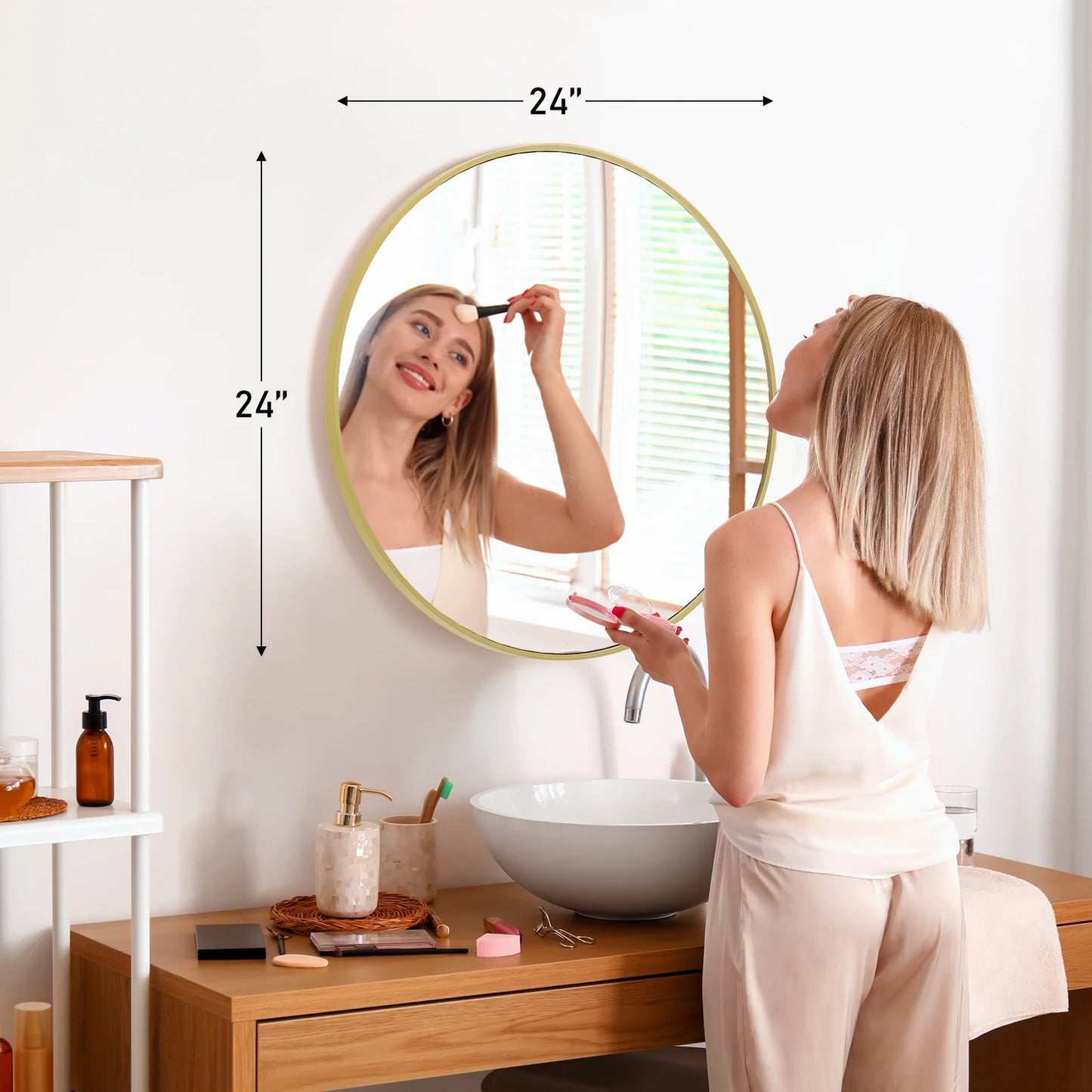 JHK Round Vanity Mirror With Matte Metal Frame Tempered Glass