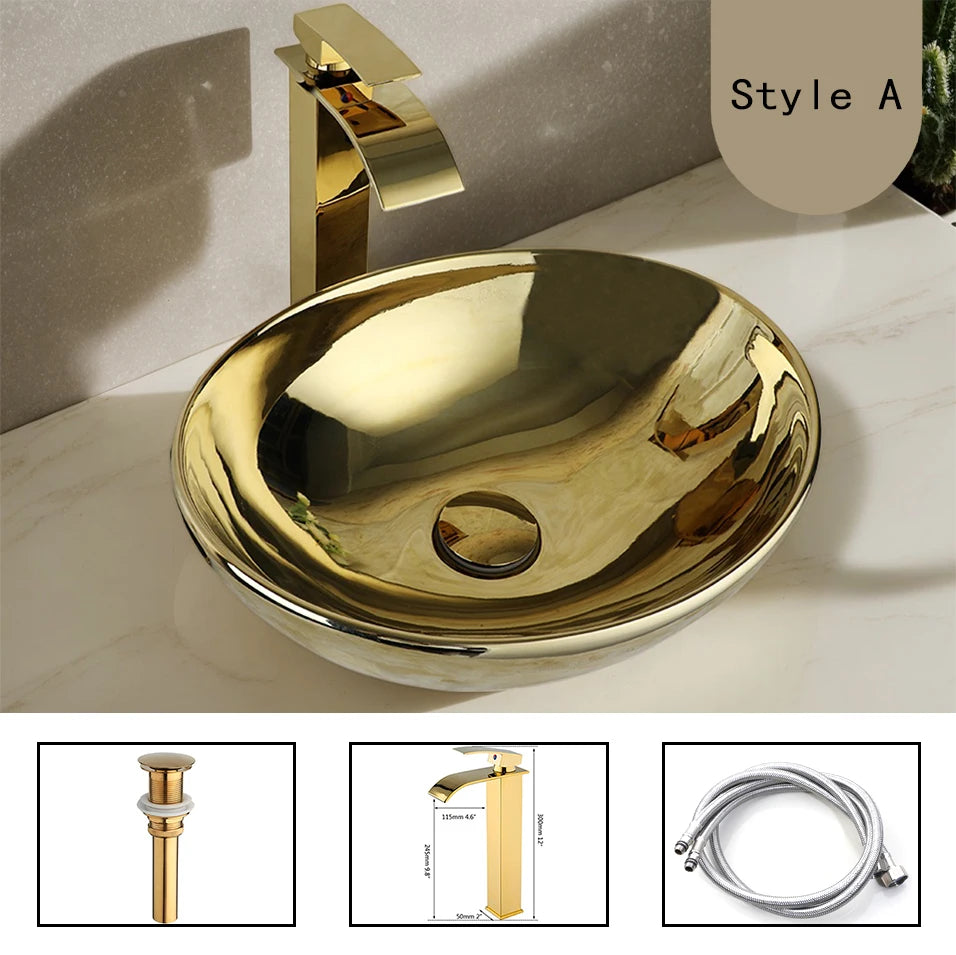 YANKSMART Gold Ceramic Luxury Vessel Sink Set Brass Faucet - Home and Haven Store