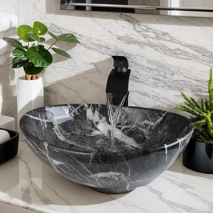 Mekkhala Oval Ceramic Vessel Sink With Waterfall Faucet