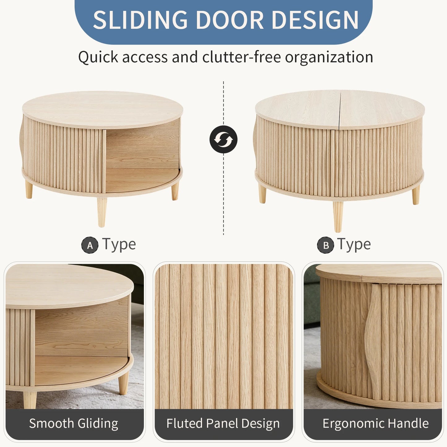 JHK Round Coffee Table With Flip Top Storage Sliding Cabinet - Home and Haven Store