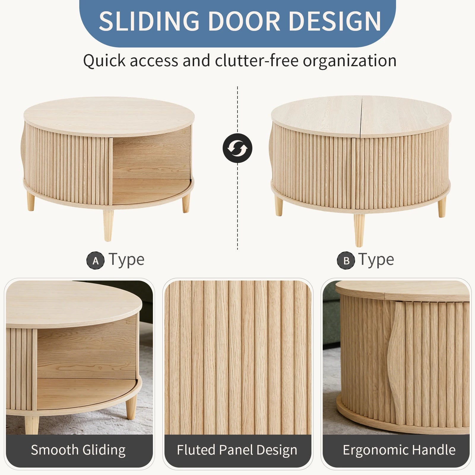 JHK Round Coffee Table With Flip Top Storage Sliding Cabinet - Home and Haven Store