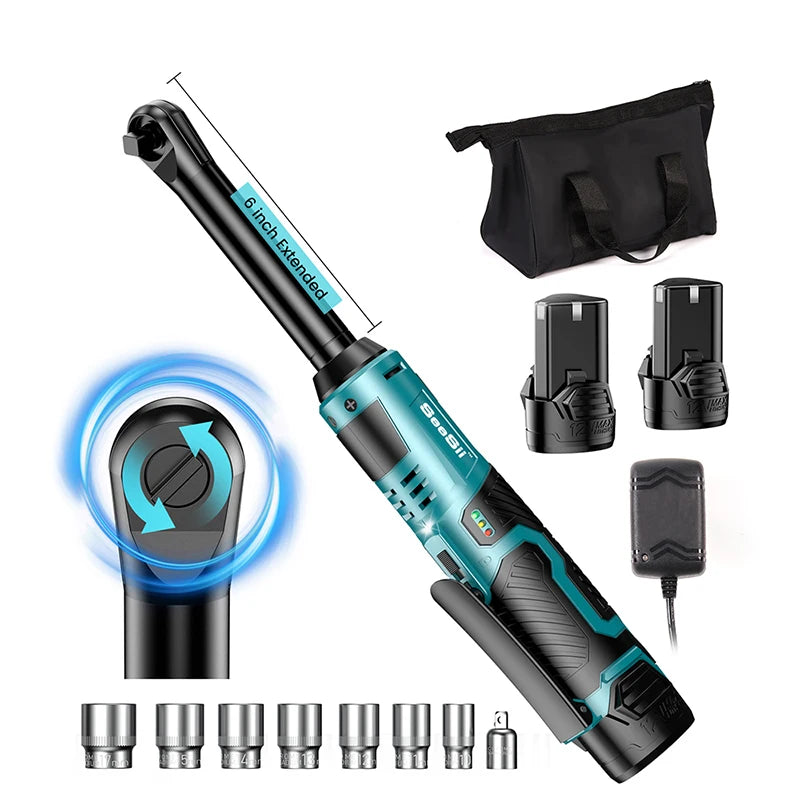 Seesii 12V Cordless Ratchet Wrench 55Nm Extended With Two Batteries