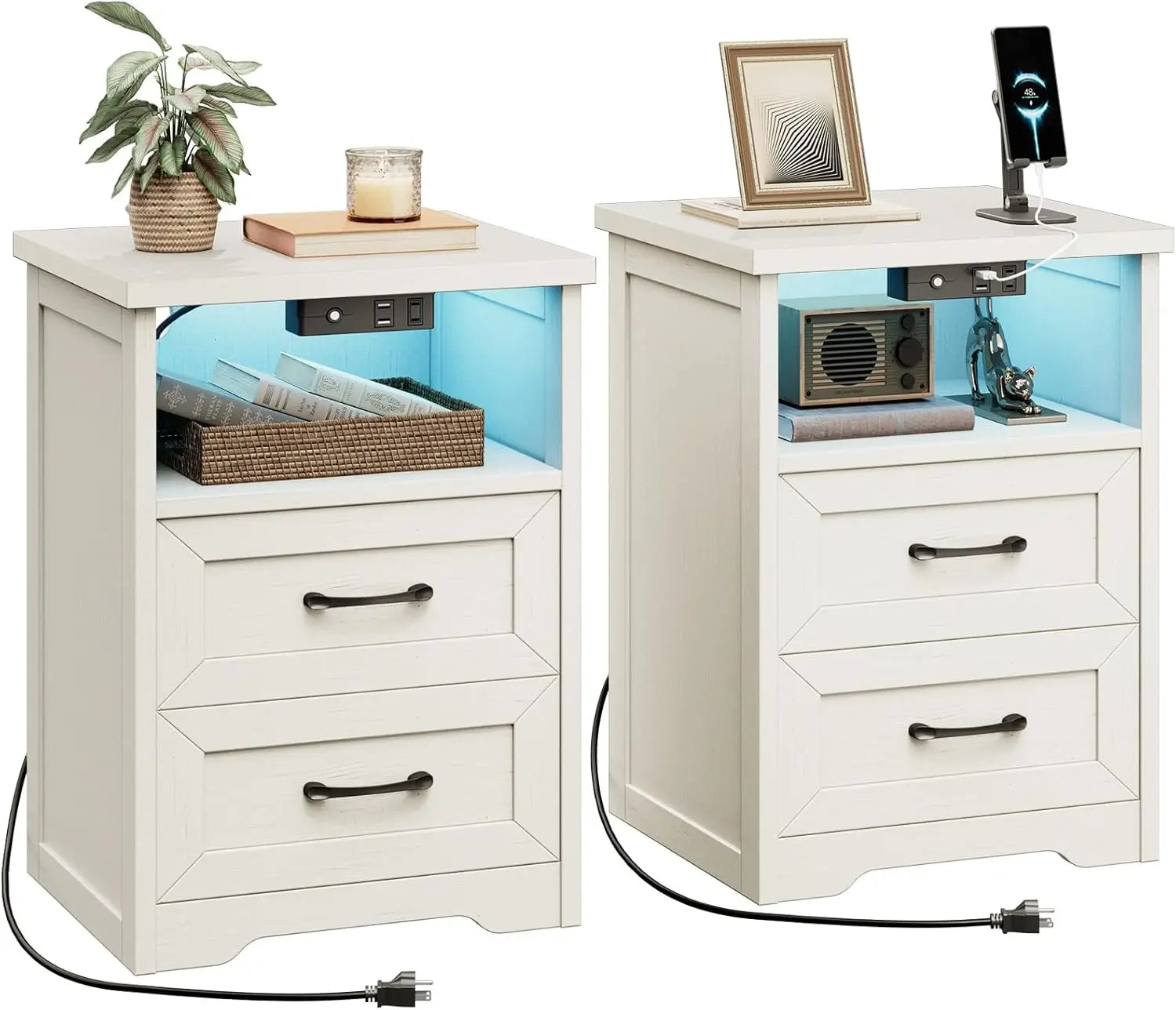 Farmhouse Nightstands Set Of 2 With LED Lighting And Charging - Home and Haven Store