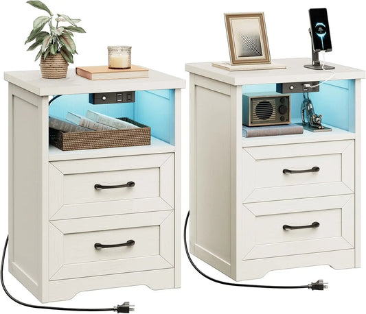 Farmhouse Nightstands Set Of 2 With LED Lighting And Charging - Home and Haven Store