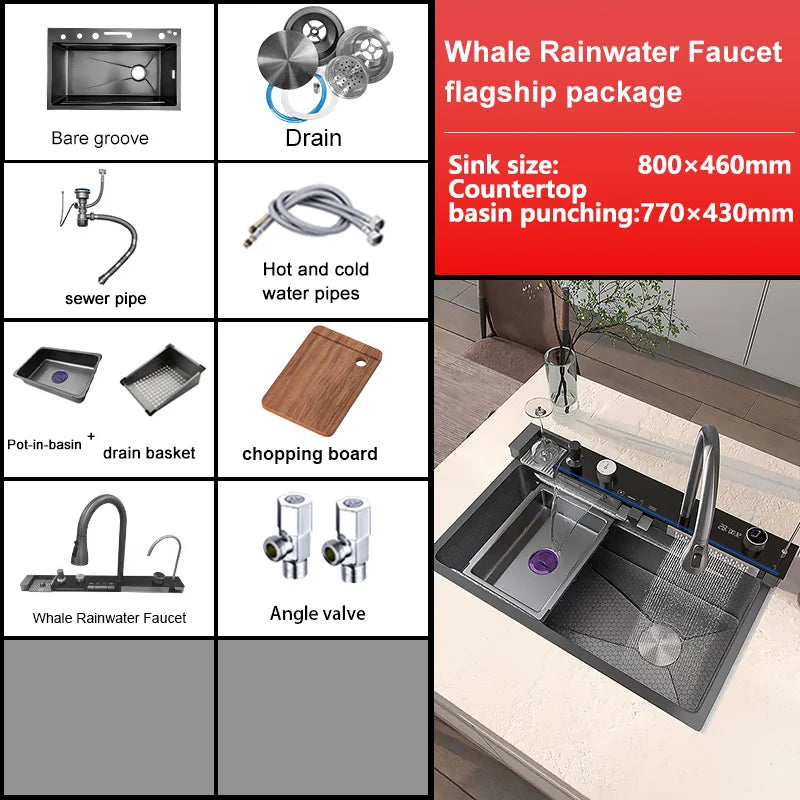 TELISIYA Waterfall Digital Display Stainless Steel Single Bowl Kitchen Sink