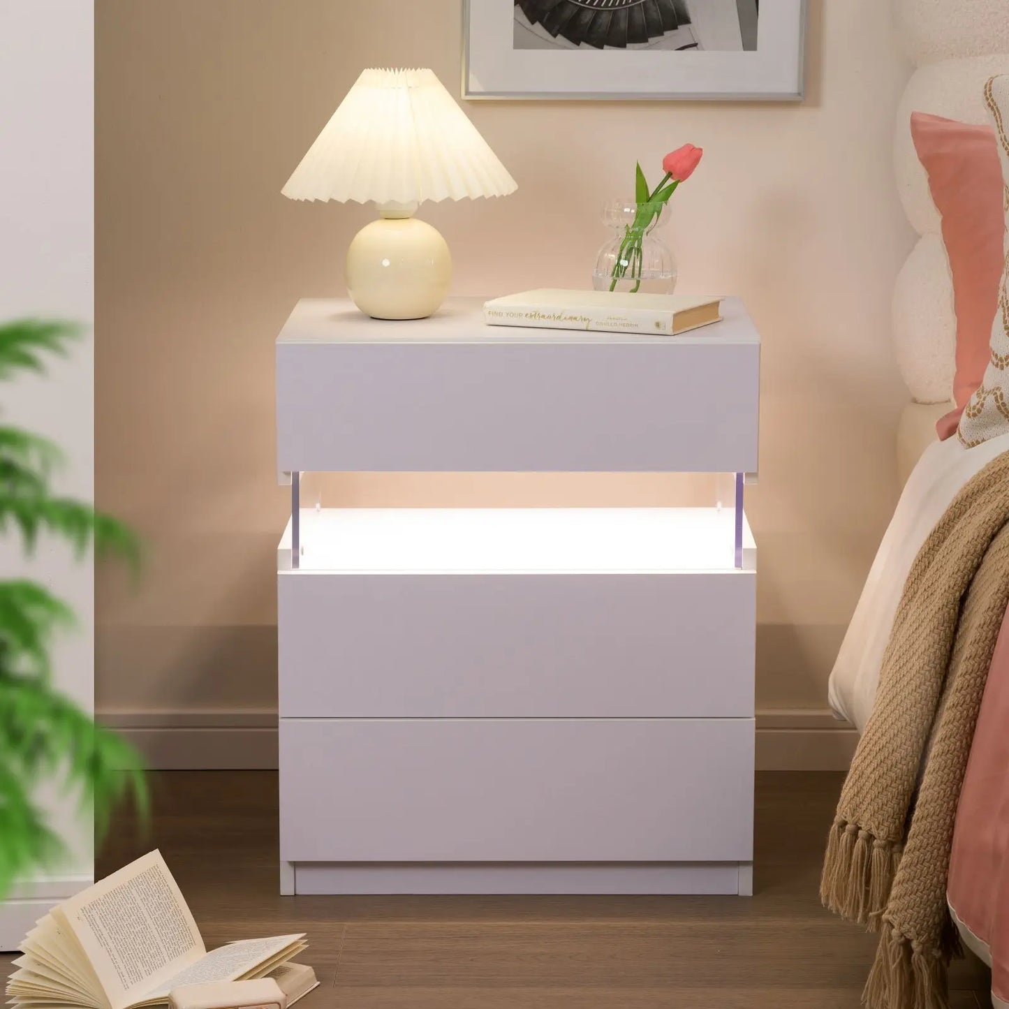 Cubehom Bedside Tables 2 Pack With LED Lighting 3 Drawers