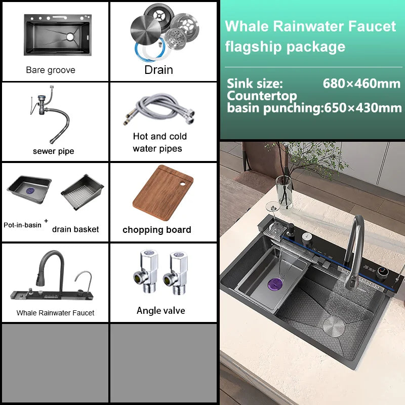 TELISIYA Waterfall Digital Display Stainless Steel Single Bowl Kitchen Sink