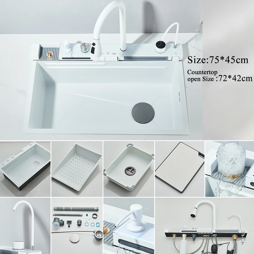 MYQualife 304 Stainless Steel Waterfall Kitchen Sink With Digital Faucet Set