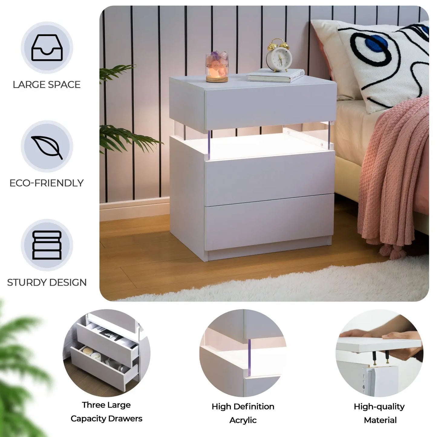Cubehom Bedside Tables 2 Pack With LED Lighting 3 Drawers