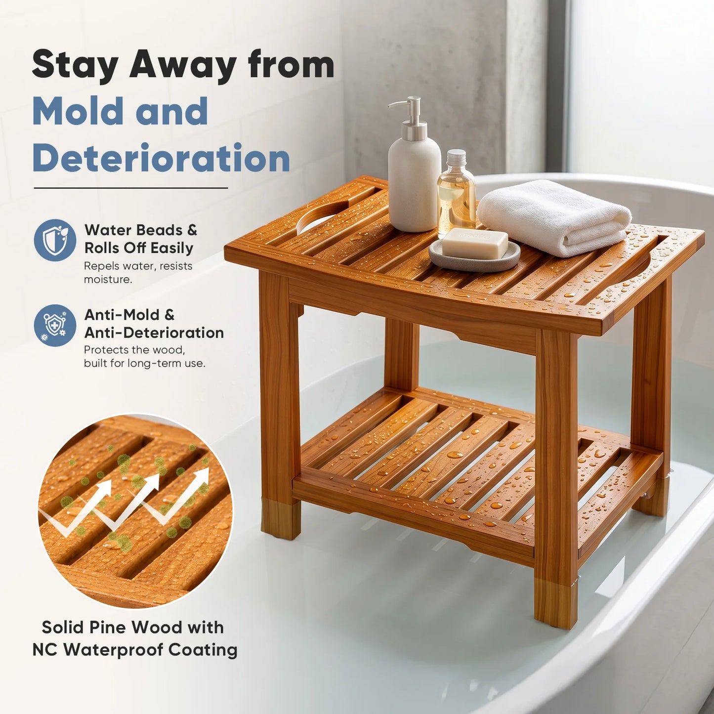 JHK Solid Wood Bathroom Shower Bench With Storage Shelf Handles