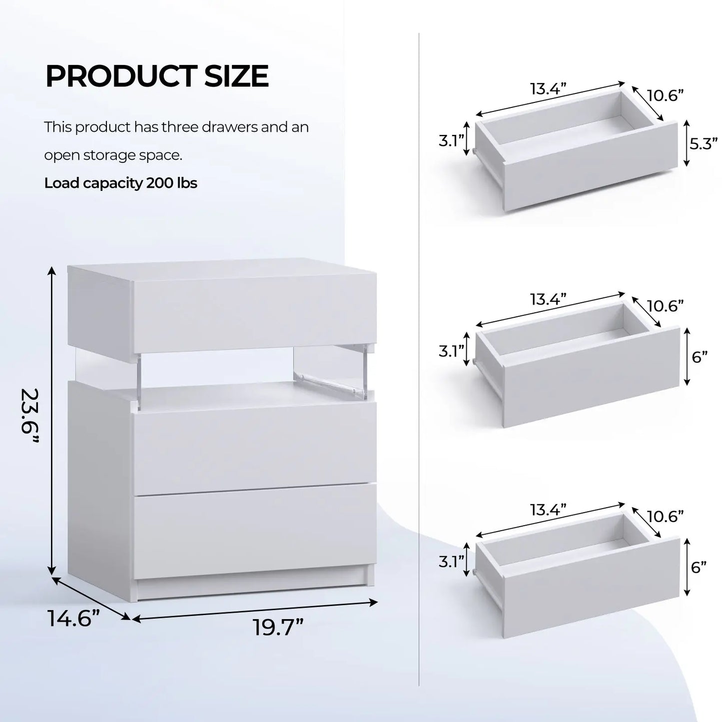 Cubehom Bedside Tables 2 Pack With LED Lighting 3 Drawers