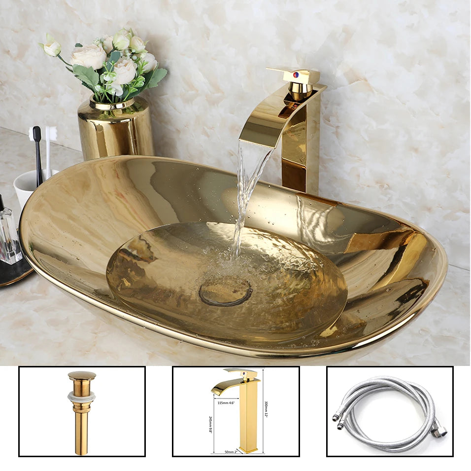 YANKSMART Gold Ceramic Luxury Vessel Sink Set Brass Faucet - Home and Haven Store