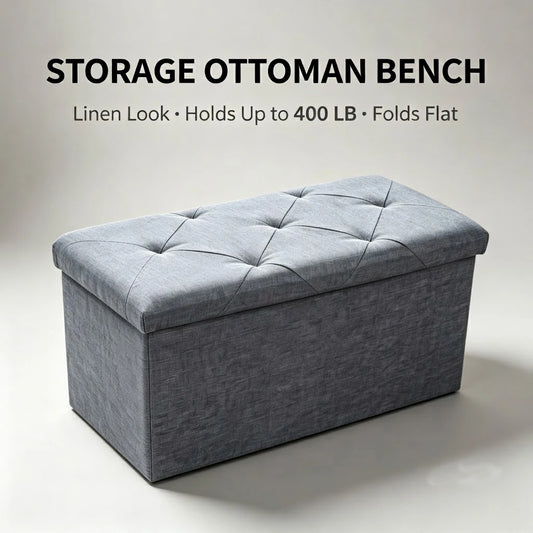 Tufted Fabric Storage Ottoman Bench With Wooden Frame Base
